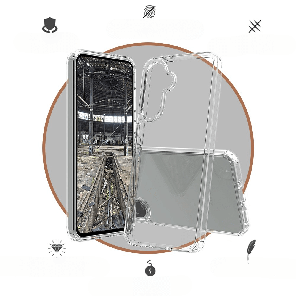 Das Galaxy A56 5G – JT Pankow Clear Hülle von JT Berlin wird mit einem Smartphone gezeigt, das über präzise Kamera- und Anschlussausschnitte und eine stoßfeste TPU/Acryl-Verbindung verfügt, alles auf weißem Hintergrund.