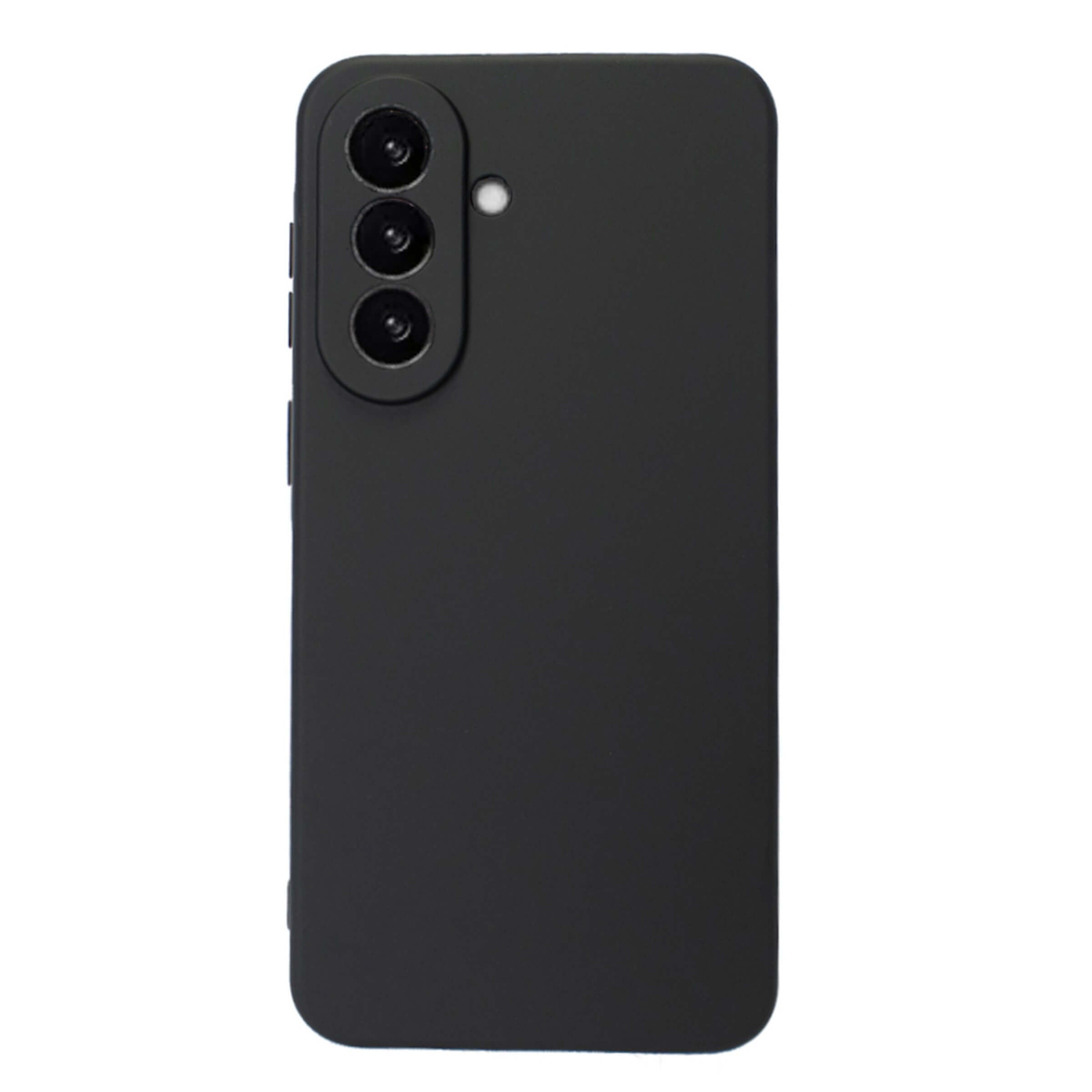 Schwarzes Smartphone mit drei Rückkameras und einem Blitz, von hinten vor weißem Hintergrund abgebildet und durch die elegante JT Berlin Pankow Soft-Hülle für das Galaxy A37 geschützt.