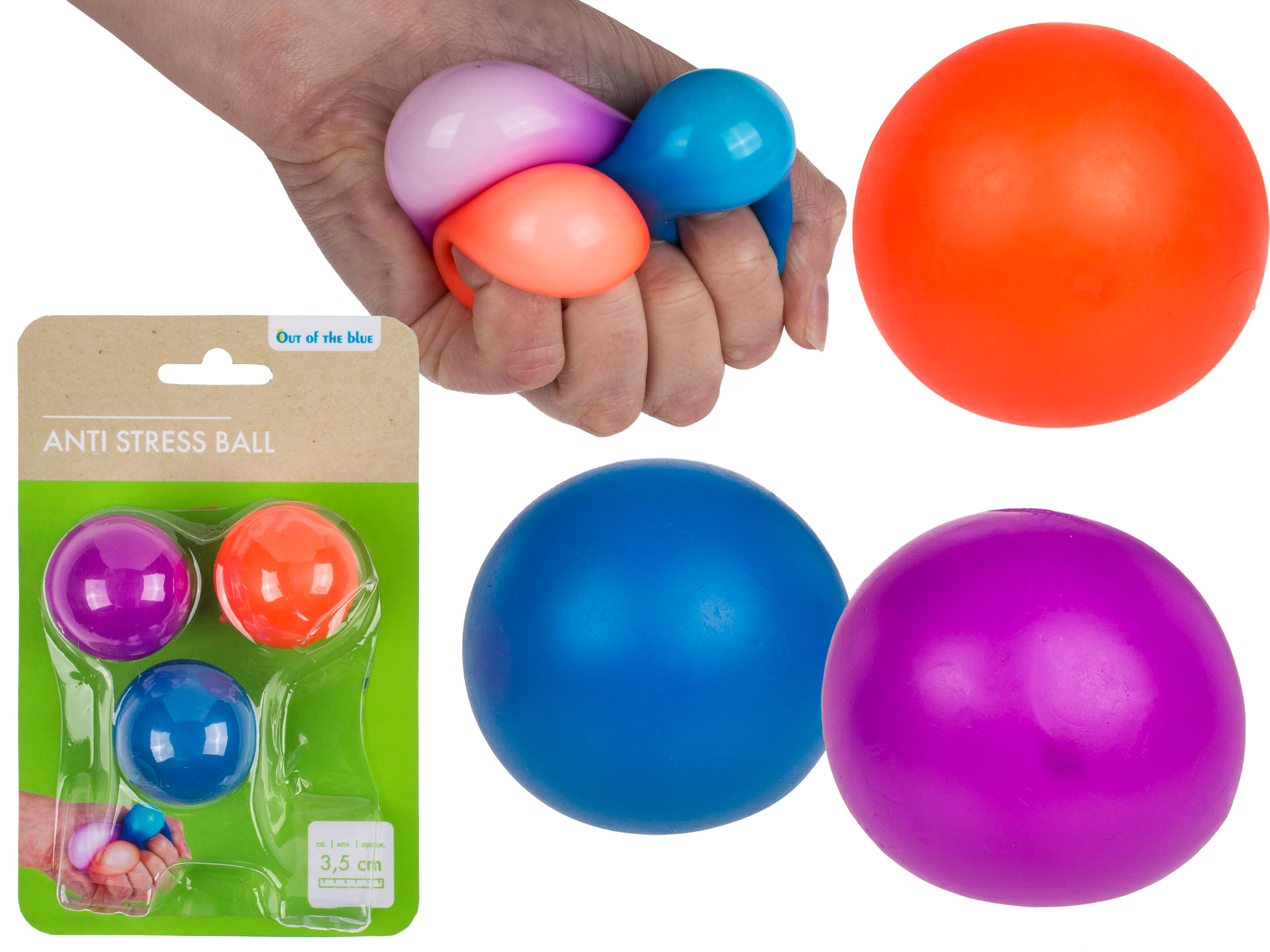 Handquetschbarer bunter Out of the blue 3er Set Antistress-Ball (3,5cm) aus weichem PU-Schaum, mit drei einzelnen Quetschbällen und abgebildetem verpacktem Set.