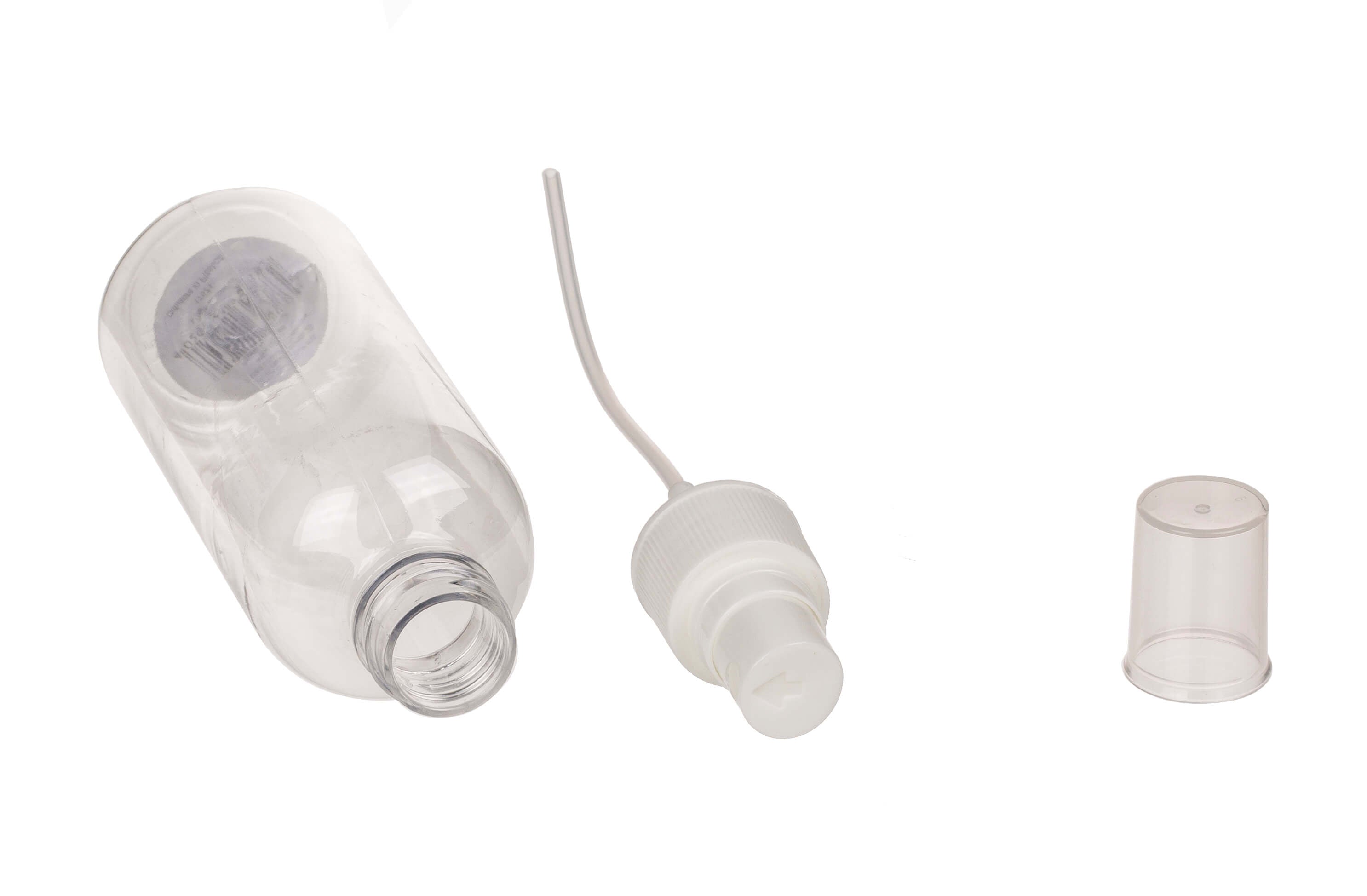 Das 3er Set Zerstäuber Sprühflasche 100ml von Out of the blue zeigt transparente Flaschen mit abgenommenem Pumpaufsatz und Deckel auf weißem Hintergrund. Ideal für feines Sprühen und dank Wiederverwendbarkeit perfekt für den Alltag.