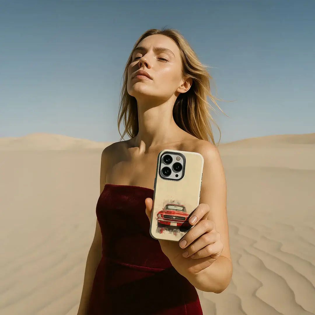 Eine Frau in einem roten Kleid steht in einer Sandwüste unter einem klaren Himmel und hält ihr Galaxy S25 Ultra mit der Casarto Handyhülle Mustang von Casarto.
