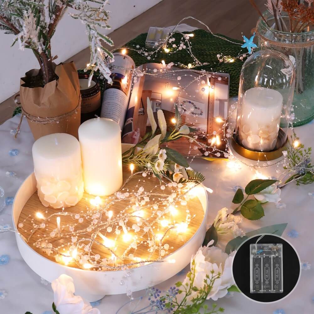 Christmas LED light chain with artificial pearls