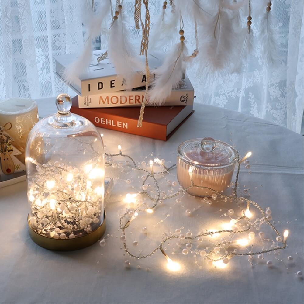 Christmas LED light chain with artificial pearls