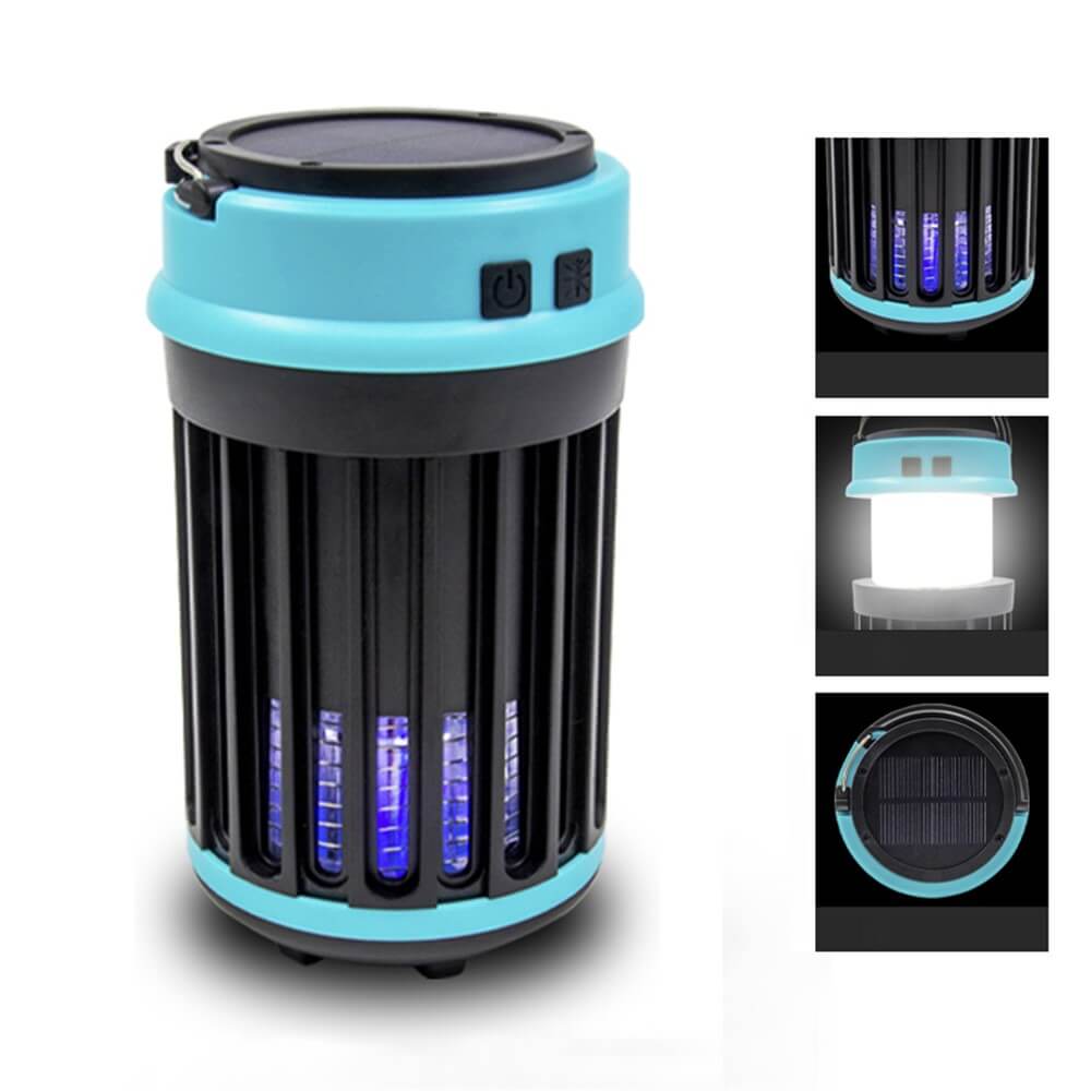 Die Cover-Discount Moskito-Killer Lampe, USB oder Solar betrieben, mit LED-Licht in Schwarz-Blau, wird aus verschiedenen Blickwinkeln und beleuchtet gezeigt.