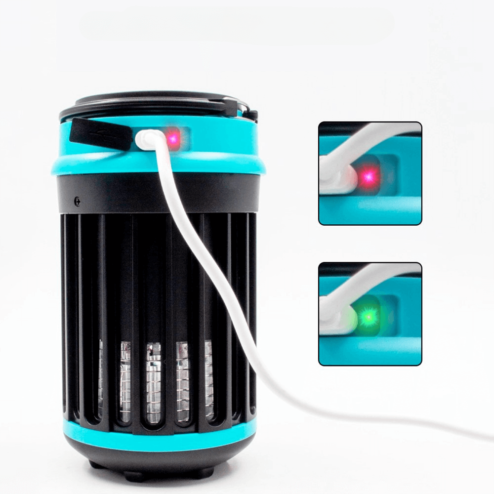 Die Cover-Discount Moskito-Killer Lampe USB oder Solar mit LED-Licht ist ein blau-schwarzes Gerät mit roten und grünen Ladeanzeigen - ideal als Nachtlicht oder UV-Moskito-Falle.