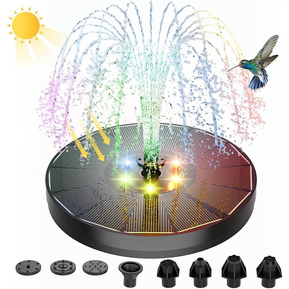 Der Springbrunnen Wasser Fontäne Solar multicolor von Cover-Discount verfügt über leuchtende Wasserstrahlen, LED-Beleuchtung und mehrere Düsenaufsätze. Ein Kolibri in der Nähe verstärkt das lebendige Schauspiel.