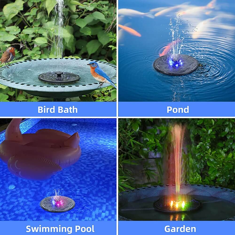 Vier Tafeln zeigen die Cover-Discount Springbrunnen Wasser Fontäne Solar multicolor in Aktion – installiert in einem Vogelbad, einem Teich, einem Pool und einem Garten – mit wunderschönem Wassersprühnebel, alles angetrieben durch Solarenergie.