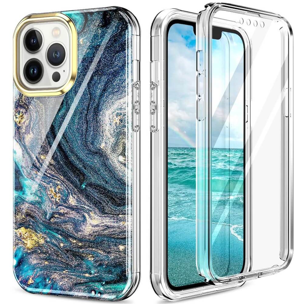 Zwei Smartphone-Hüllen - eine transparente Handyhülle und ein blaues Marmor-Design - werden neben der Cover-Discount iPhone 14 Pro - Full Protection Schutzhülle mit einer lebhaften Strandszene gezeigt.