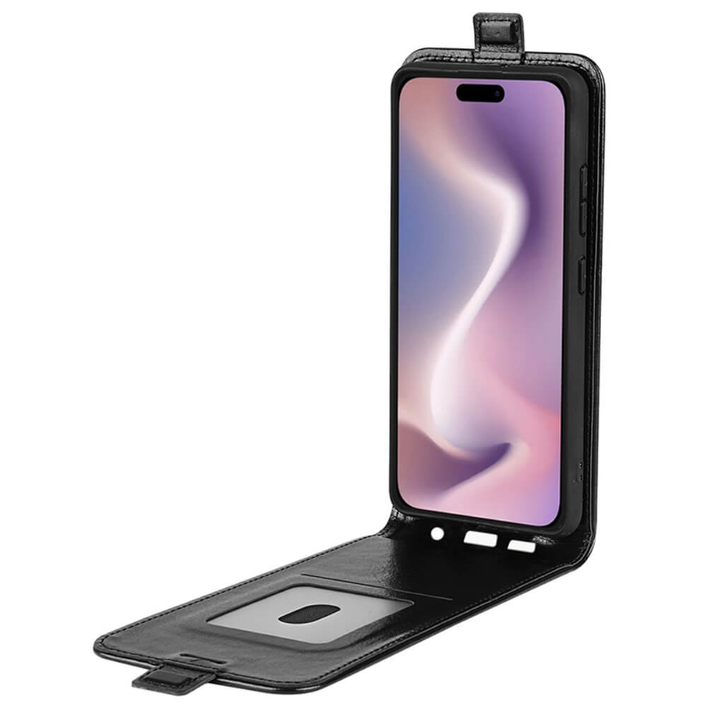 Das Cover-Discount iPhone 16 Pro – Klassisches Flip Case vertikal ist eine stylische Kunstlederhülle mit praktischem Kartenfach im Inneren der Hülle.