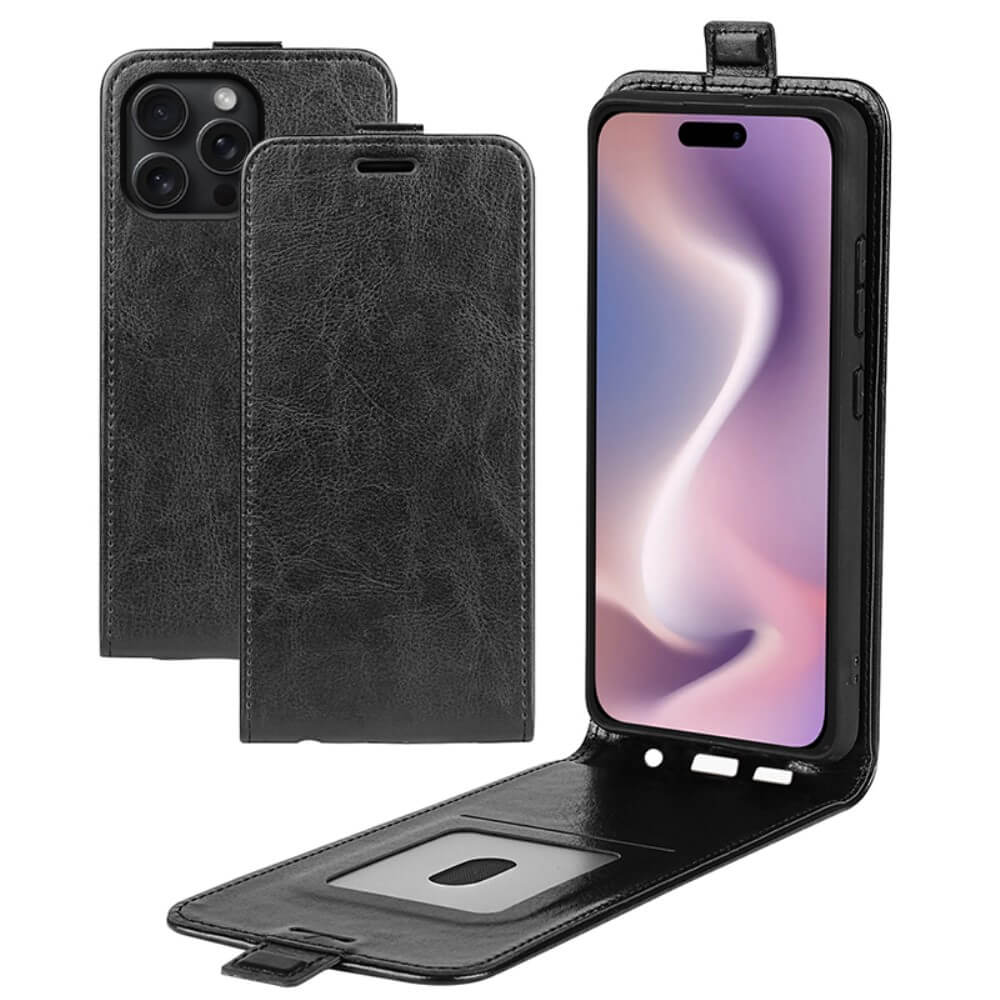 Das Cover-Discount iPhone 16 Pro – Klassisches Flip Case vertikal aus schwarzem Kunstleder lässt sich vertikal öffnen und gibt den Blick auf Ihr Telefondisplay und einen praktischen Kartensteckplatz in der vorderen Klappe frei.