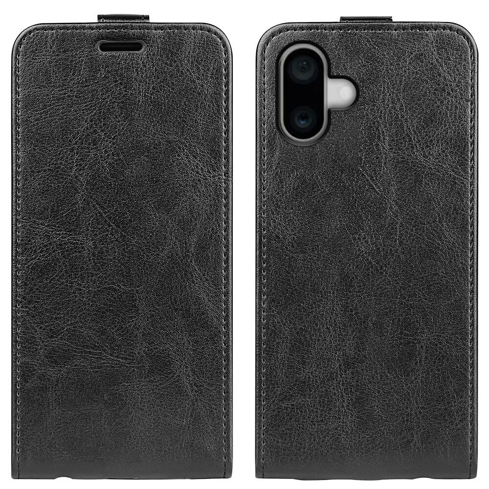 Das Cover-Discount iPhone 16 - Klassisches Flip Case vertikal aus hochwertigem Kunstleder bietet eleganten, langlebigen Schutz und zeigt das klassische Flip-Design mit Kameraausschnitt auf Vorder- und Rückseite.