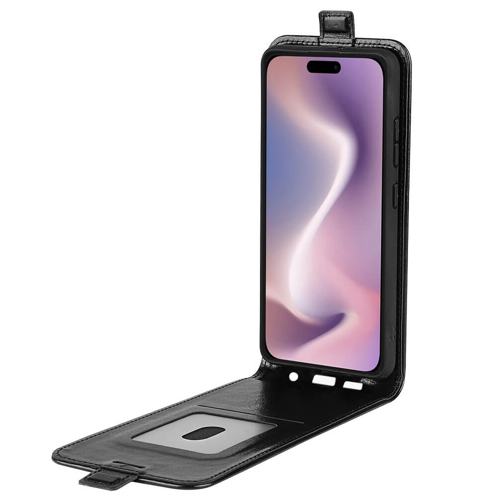 Das Cover-Discount iPhone 16 - Klassisches Flip Case vertikal aus hochwertigem Kunstleder mit Kartenfach steht aufrecht vor weißem Hintergrund.