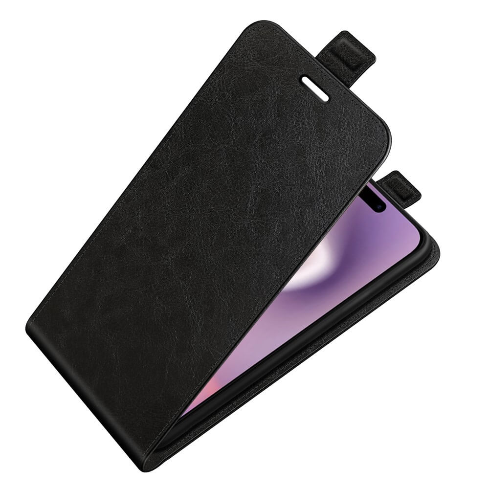 Das Cover-Discount iPhone 16 – Klassisches Flip Case vertikal aus hochwertigem Kunstleder ist teilweise geöffnet und zeigt ein Smartphone mit violettem Bildschirm im Inneren.