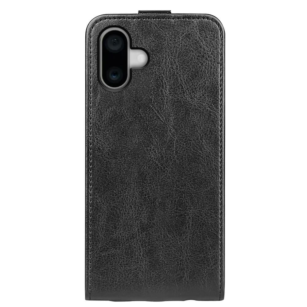 Das Cover-Discount iPhone 16 – Klassisches Flip Case vertikal verfügt über hochwertiges Kunstleder, sichtbare Nähte, ein vertikales Flip-Design und einen Doppelkamera-Ausschnitt oben links.