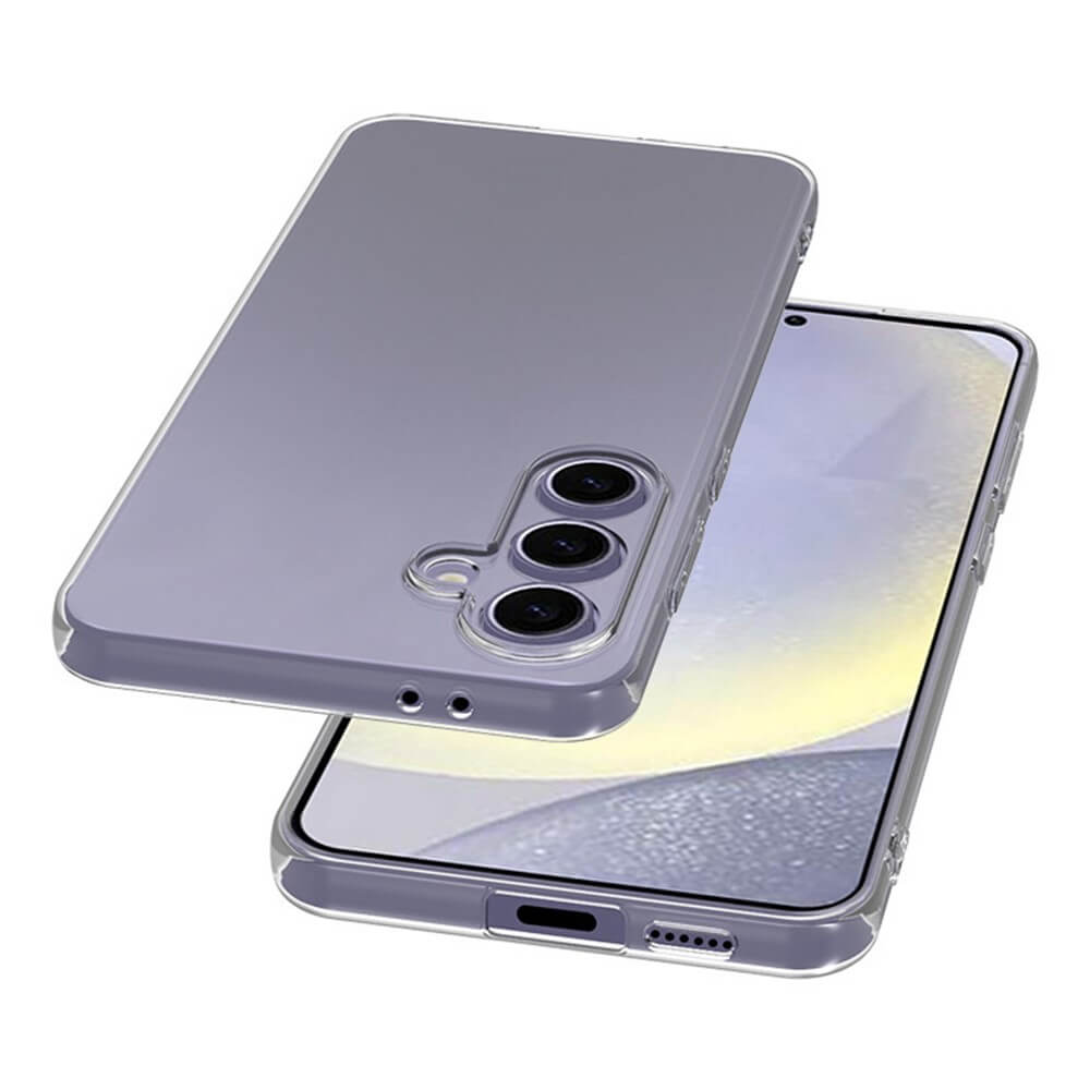 Das transparente Silikon-Gummi-Case von Cover-Discount für das Galaxy S24 FE bietet Antifingerprint-Schutz, zeigt die drei Kameras auf der Rückseite und das elegante Display und bietet schlanken Schutz für Ihr silbernes Telefon.