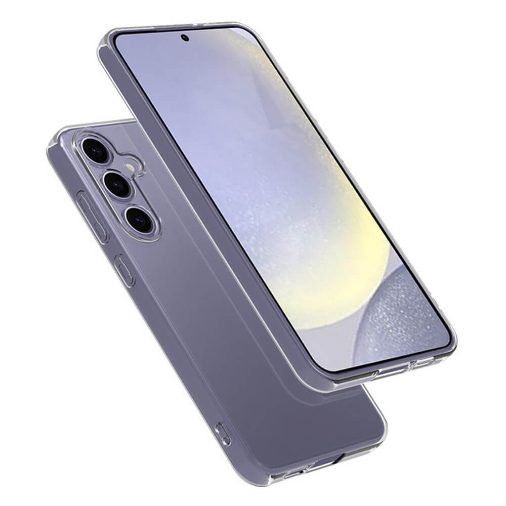 Zwei Galaxy S24 FE-Smartphones mit dreifacher Rückkamera sind auf Vorder- und Rückseite in transparenten Silikon-Gummi-Hüllen von Cover-Discount mit Anti-Fingerprint-Schutz auf weißem Hintergrund abgebildet.