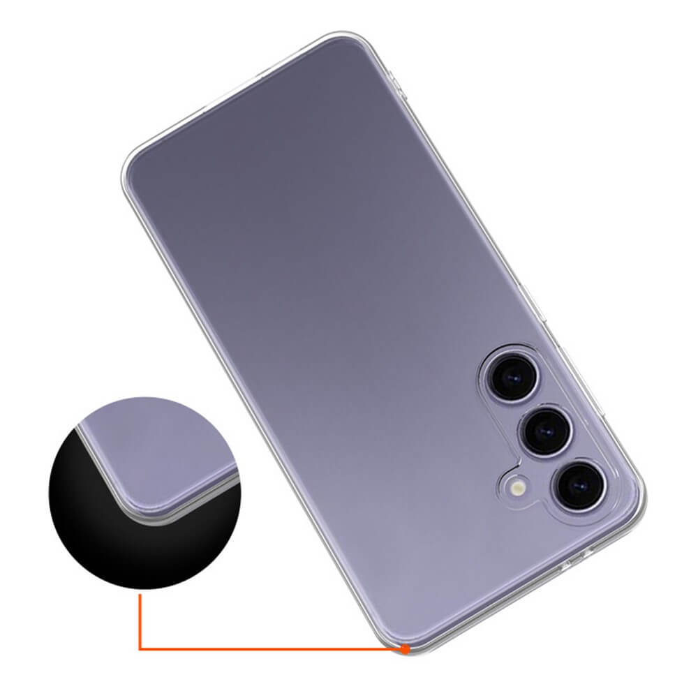 Das transparente Silikongummi-Case von Cover-Discount Galaxy S24 FE, abgebildet auf einem violetten Telefon, verfügt über einen verbesserten Eckenschutz (vergrößert dargestellt) und Antifingerprint-Schutz.