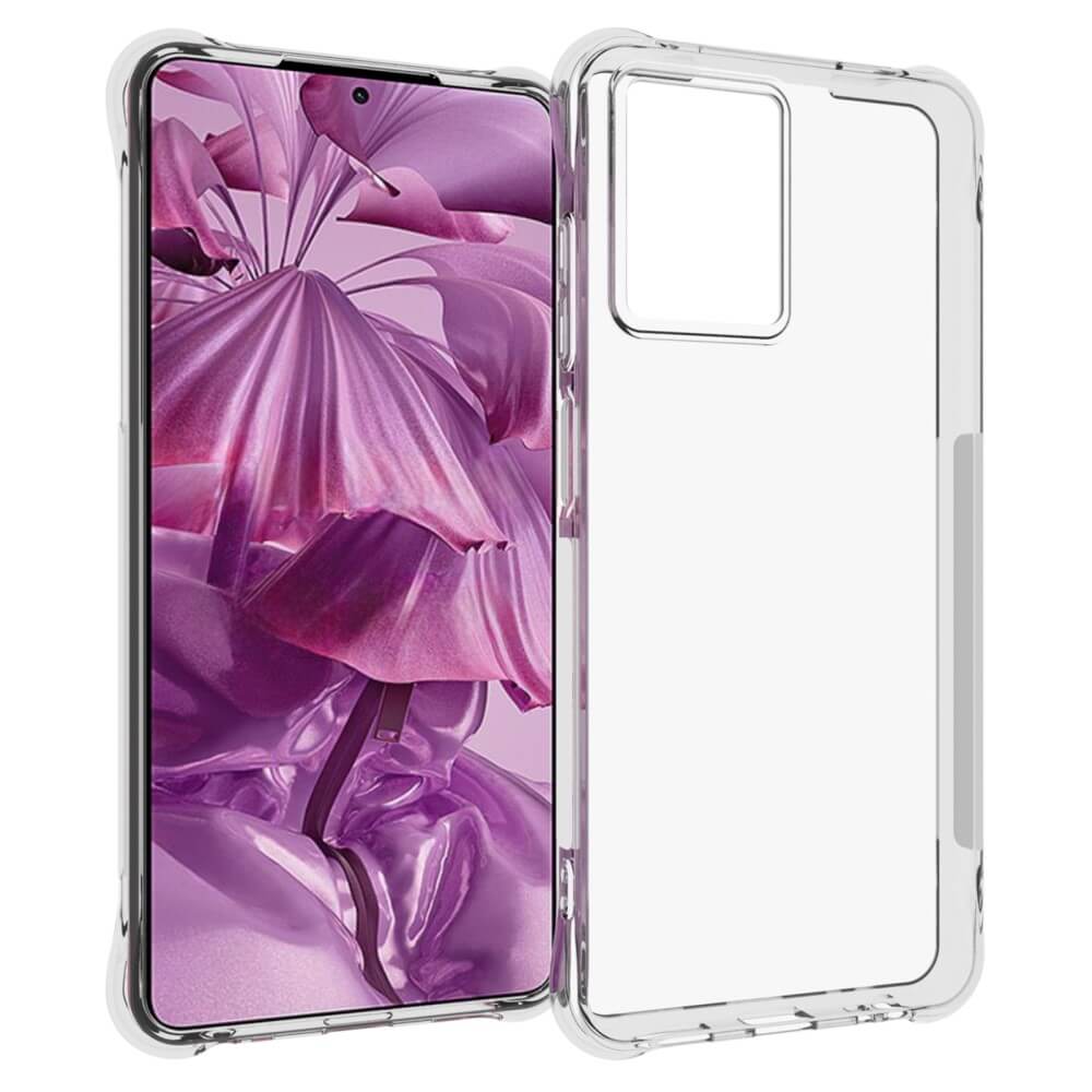 Das transparente Cover-Discount HMD Pulse - Drop Protection Silikon Case wird neben einem Smartphone mit einem lila Blumen-Hintergrundbild gezeigt.