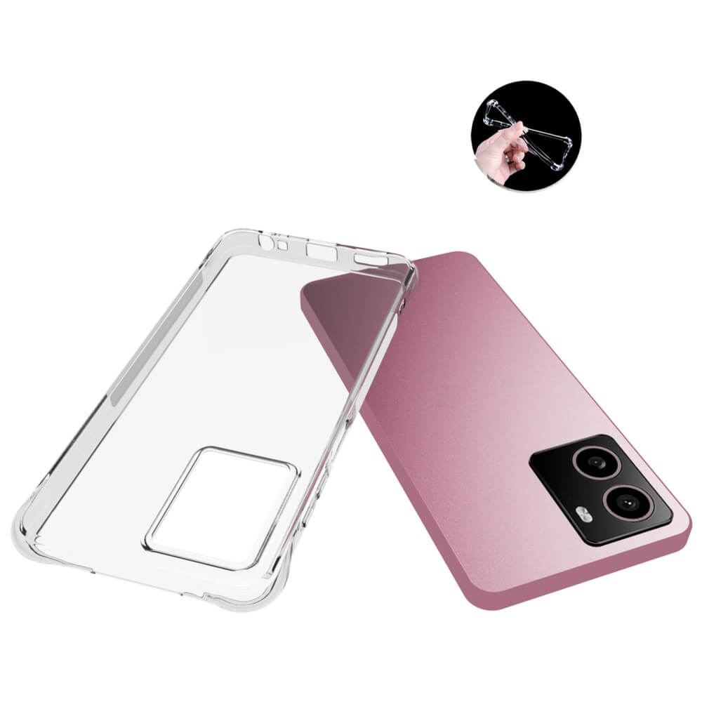 Das Cover-Discount HMD Pulse - Drop Protection Silikon Case ist in den Farben Klar und Rosa dargestellt, mit einer eingearbeiteten Hand, die das biegsame TPU-Material für zusätzlichen Fallschutz biegt.