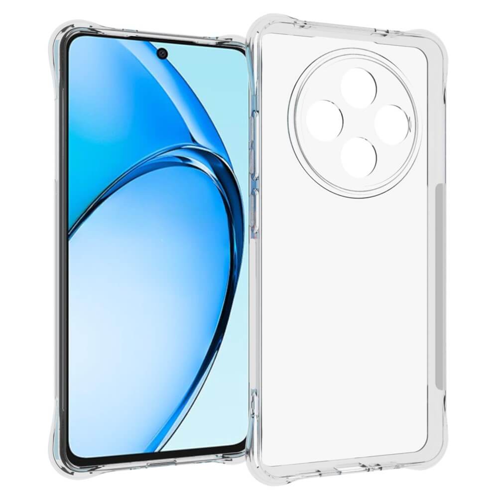 Das Cover-Discount OPPO Reno12 F 5G - Drop Protection Silikon Case besteht aus transparentem TPU-Material mit präzisen kreisförmigen Kameraausschnitten, die neben einem Smartphone mit blauem Bildschirm angezeigt werden.