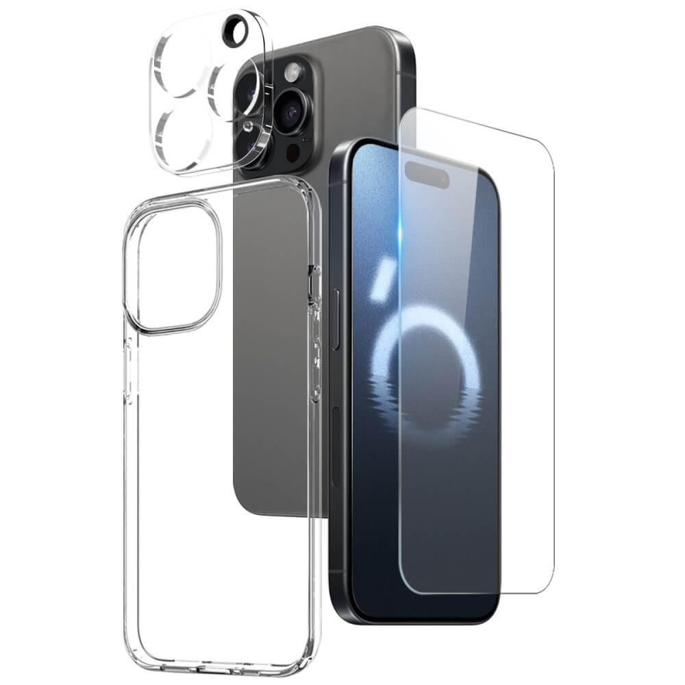 Schwarzes iPhone 16 Pro mit NORTHJO-Set: Handyhülle, Panzerglas-Displayschutz und Kameraobjektivschutz – alles separat abgebildet für Rundumschutz.