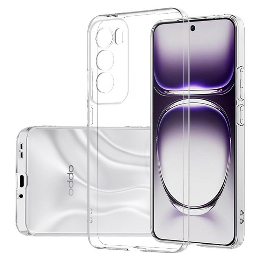 Das transparente Silikongummi-Case von Cover-Discount OPPO Reno12 5G ist auf einem silbernen OPPO Reno12 5G abgebildet und zeigt sowohl die Vorder- als auch die Rückansicht.