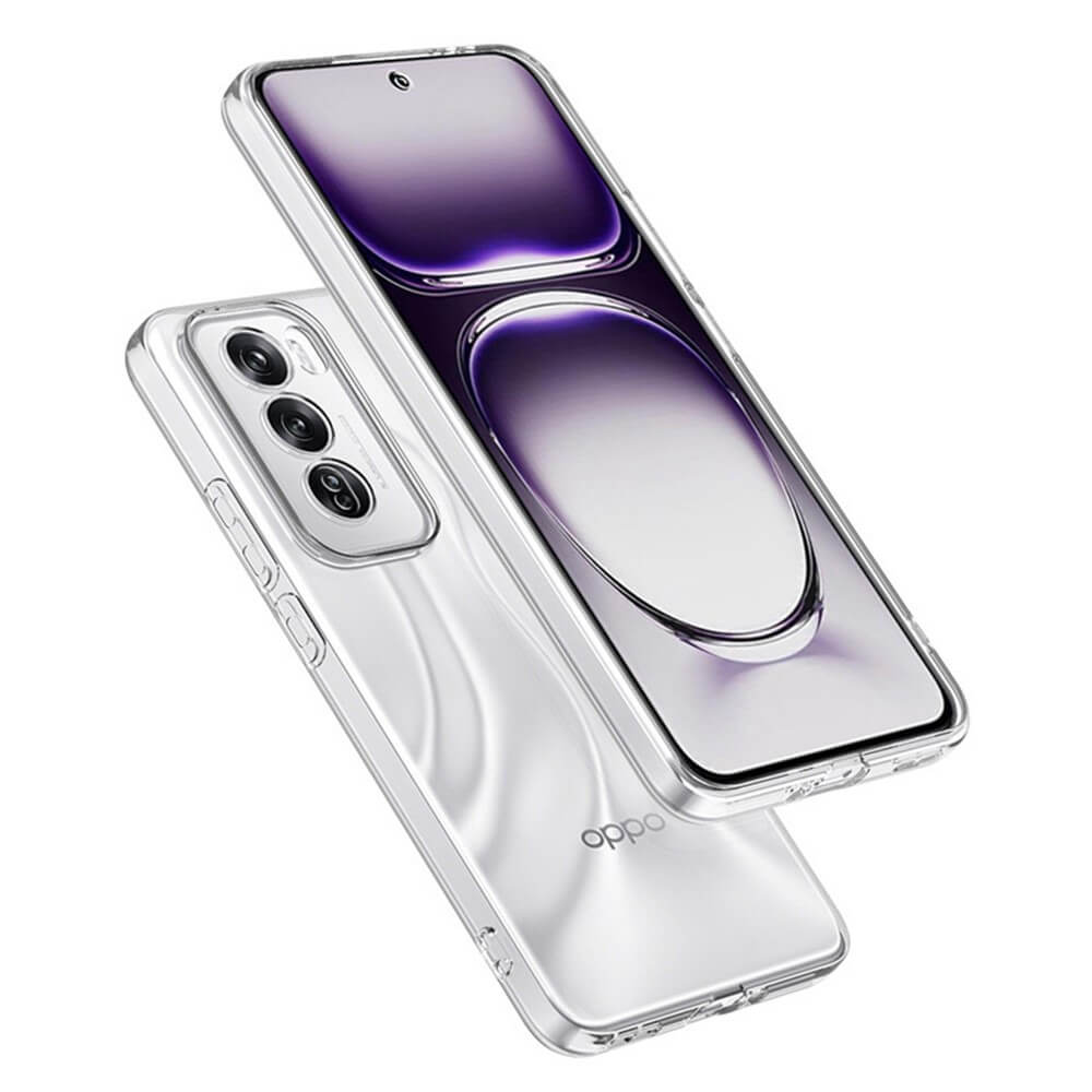 Zwei OPPO Reno12 5G-Smartphones mit transparentem Silikon-Gummi-Case von Cover-Discount, die das Frontdisplay, die dreifache Rückkamera und eine Antifingerprint-Beschichtung für ein sauberes Erscheinungsbild hervorheben.