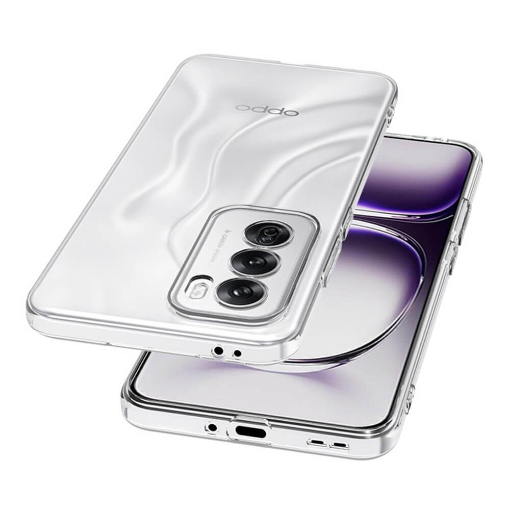 Abgebildet sind zwei OPPO Reno12 5G-Smartphones, eines mit der Vorderseite nach oben und eines mit der Vorderseite nach unten, geschützt durch die transparente Silikonkautschukhülle von Cover-Discount.