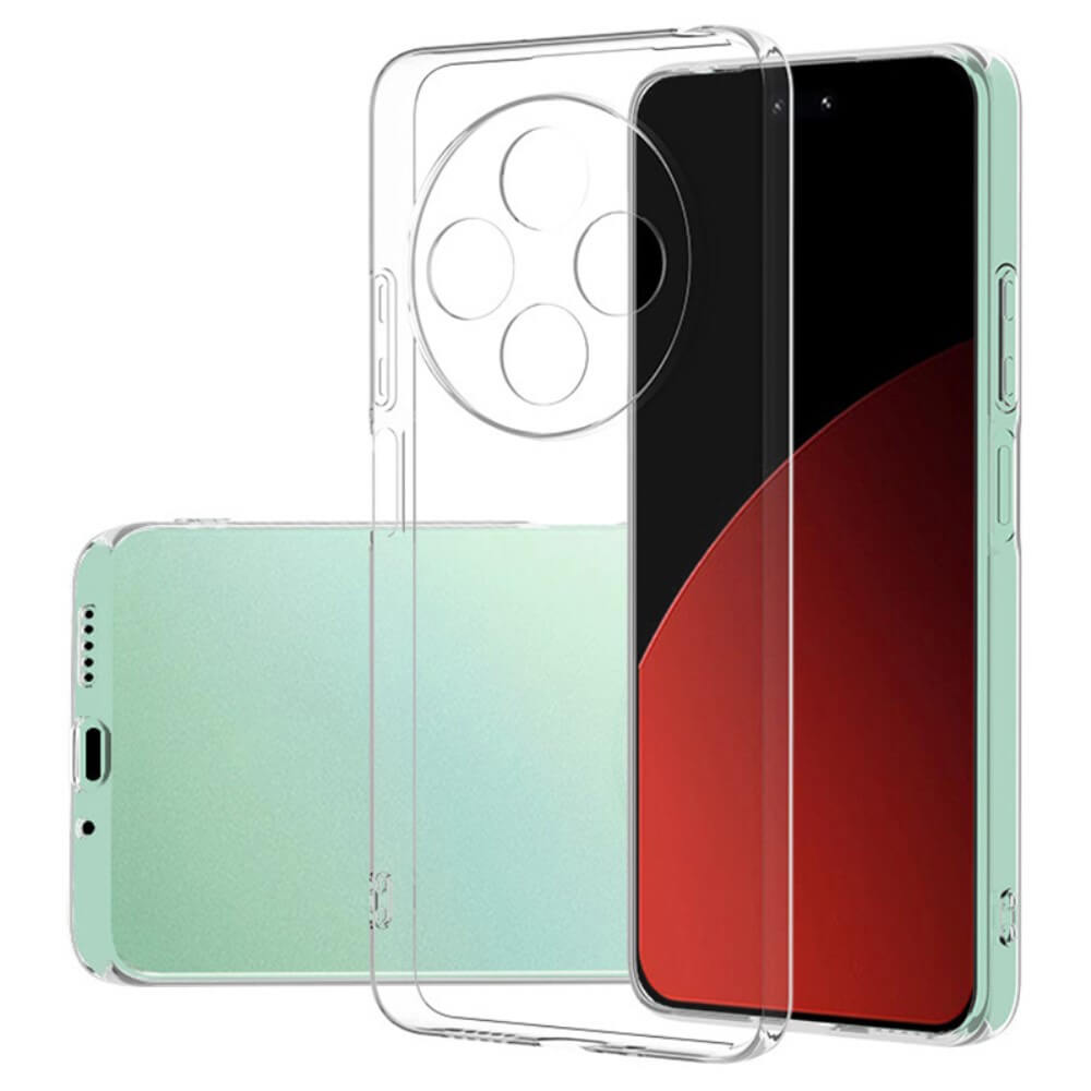 Das transparente Silikon-Gummi-Case von Cover-Discount für Xiaomi Redmi 14C / Poco C75 verfügt über eine große runde Kameraaussparung und Antifingerprint-Schutz, dargestellt auf einem grünen Telefon für dauerhafte Klarheit.