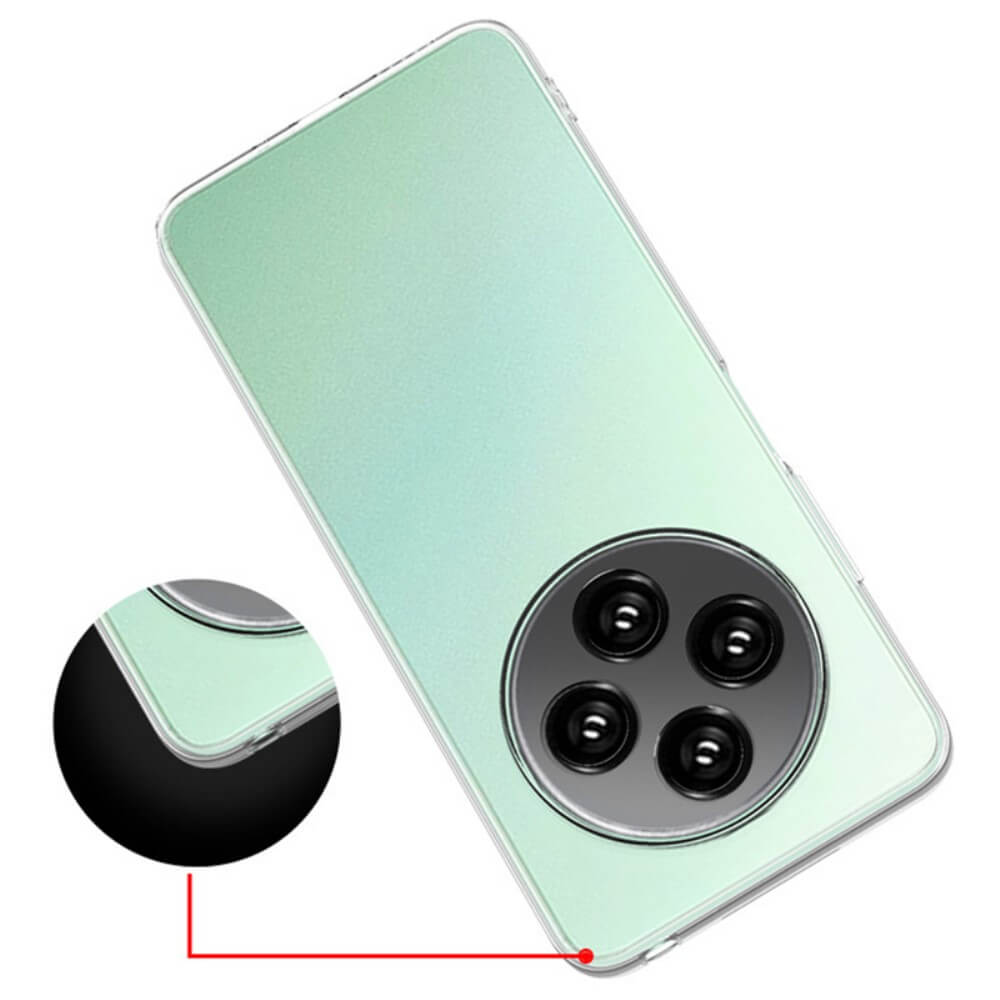 Das transparente Silikon-Gummi-Case von Cover-Discount für Xiaomi Redmi 14C / Poco C75 verfügt über Antifingerabdruckschutz und vier Kameraaussparungen, dargestellt auf einem grünen Smartphone mit einer Nahaufnahme der detaillierten Eckverarbeitung.