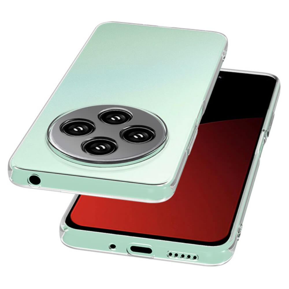 Zwei mintgrüne Xiaomi Redmi 14C Smartphones – eines mit Bildschirm, das andere mit kreisförmigem Vier-Kamera-Modul – werden beide durch ein transparentes Silikon Gummi Case von Cover-Discount geschützt.