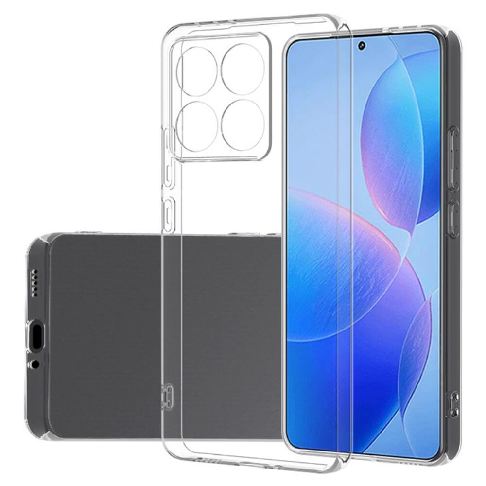 Das Cover-Discount Xiaomi 14T - Silikon Gummi Case transparent zeigt ein modernes Smartphone, zeigt Vorder- und Rückseite auf weißem Hintergrund und bietet zuverlässigen Schutz vor Fingerabdrücken.