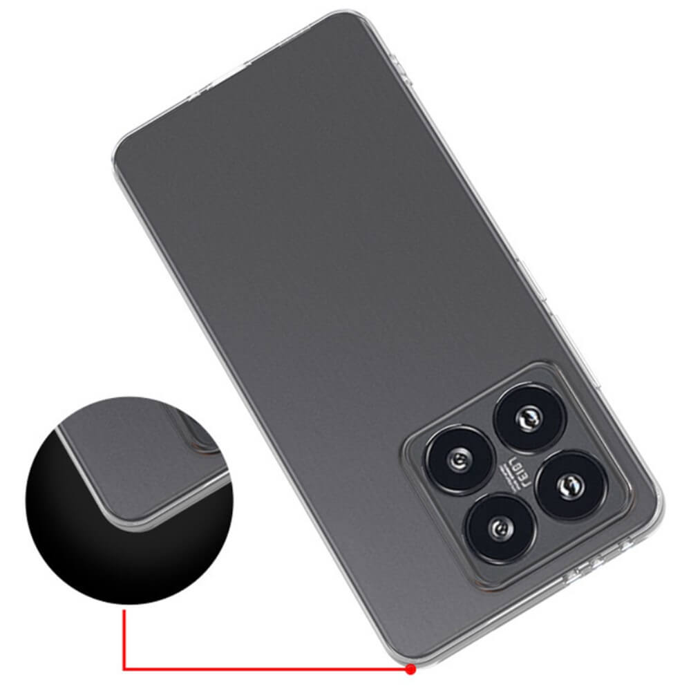 Transparente Silikonhülle für das Xiaomi 14T von Cover-Discount mit Antifingerprint-Schutz für einen sauberen Look. Das Bild hebt die Ecke des Telefons in einem kreisförmigen Einschub hervor und zeigt drei Kameraobjektive auf der Rückseite.