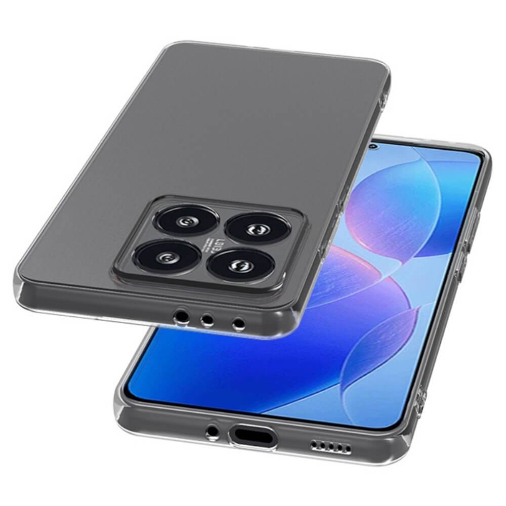 Zwei Xiaomi 14T-Smartphones in transparenten Cover-Discount Silikon-Gummi-Hüllen – eines zeigt das Display, das andere die Quad-Kamera auf der Rückseite. Die Hüllen bieten Antifingerprint-Schutz für einen klaren, stilvollen Look.