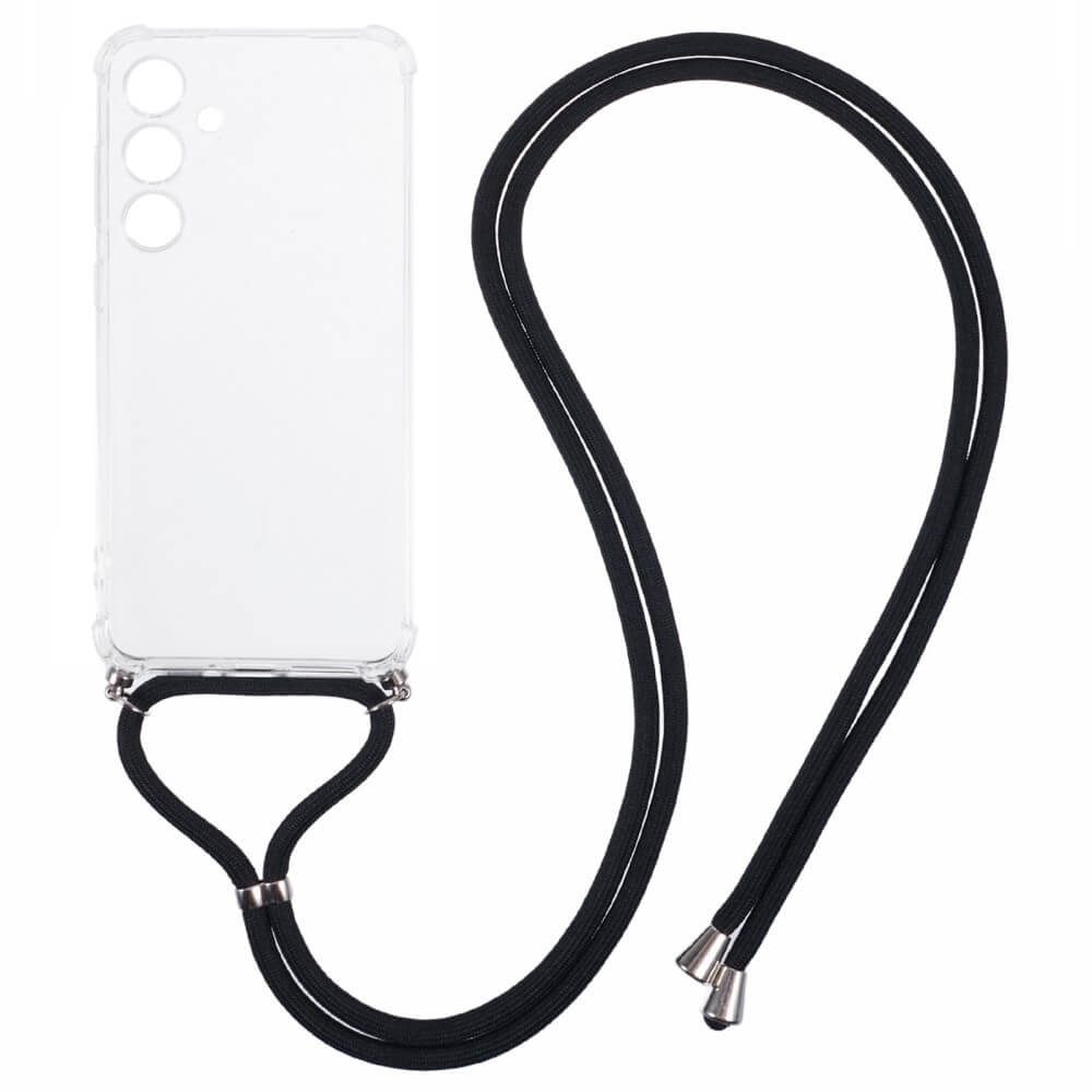 Die Cover-Discount Galaxy S24 FE – Hülle mit Umhängeband ist eine durchsichtige TPU-Hülle mit einem langen schwarzen Riemen, ideal, um Ihr Telefon stilvoll und bequem um den Hals oder über die Schulter zu tragen.