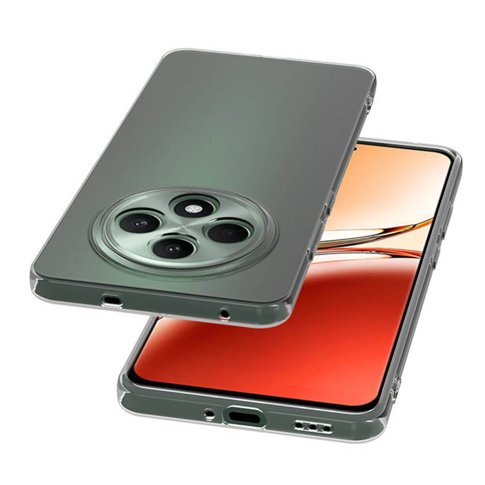 Das Cover-Discount OPPO Reno12 F 5G Silikon Gummi Case (transparent) bietet Antifingerprint-Schutz für dauerhafte Klarheit und Schutz, dargestellt auf zwei Smartphones – eines zeigt den Bildschirm, das andere die Rückseite mit vier Kameras in einem kreisförmigen Modul.