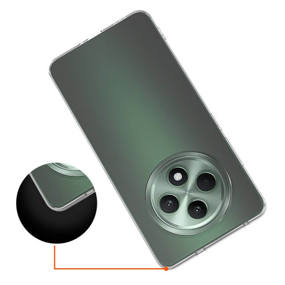 Das transparente Silikon-Gummi-Case von Cover-Discount für das OPPO Reno12 F 5G verfügt über einen Anti-Fingerabdruck-Schutz und bringt die grünen Ecken und die dreifachen Rückkameras des Geräts zur Geltung.