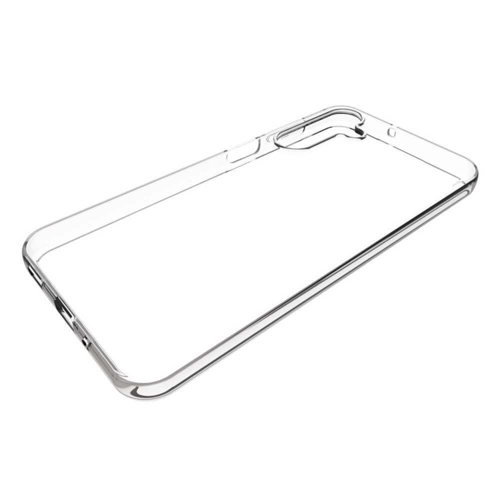 Das Cover-Discount Galaxy A16 - Silikon Gummi Case transparent bietet präzise Aussparungen für Kamera und Tasten, verfügt über Antifingerprint-Schutz und ist auf weißem Hintergrund abgebildet.