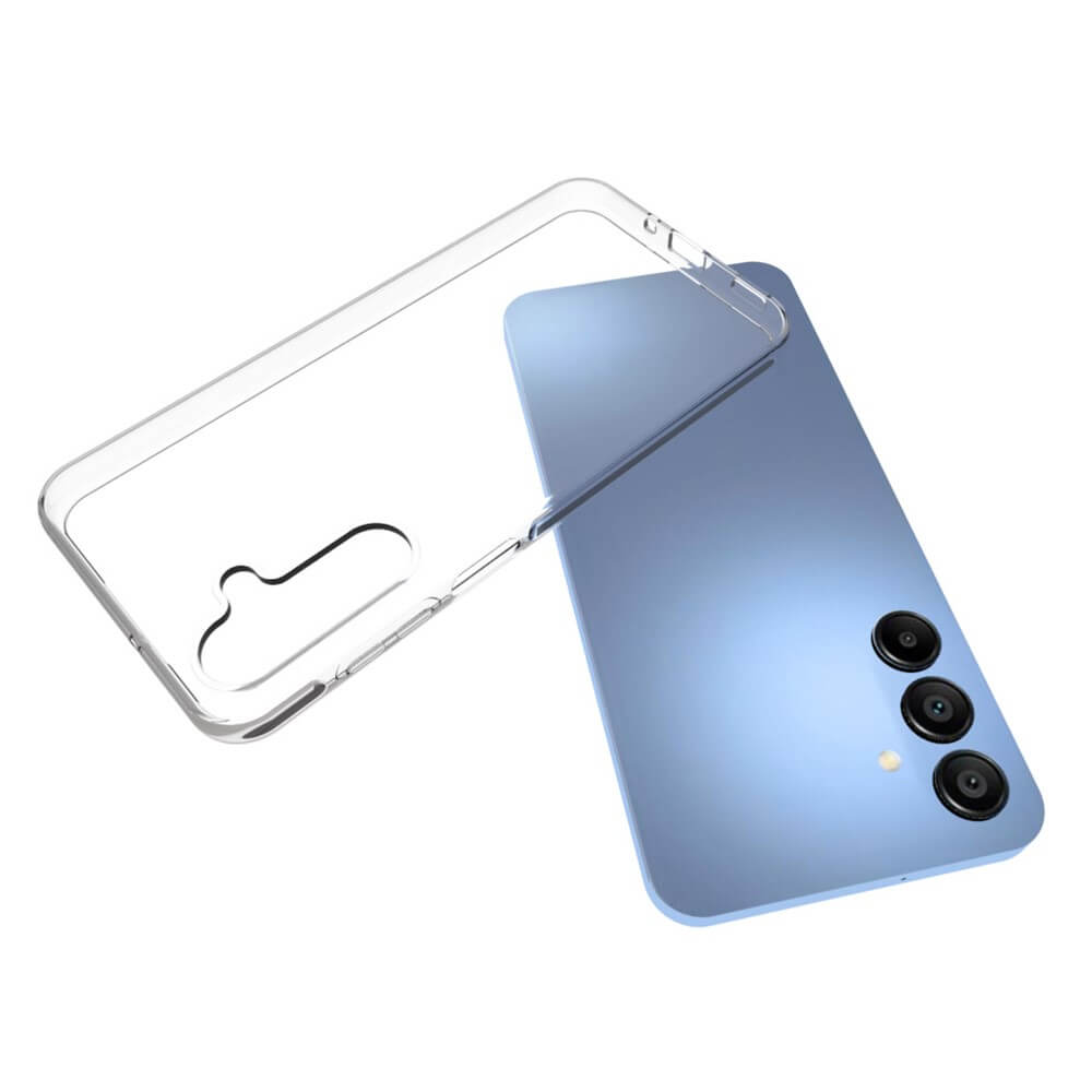 Das Cover-Discount Galaxy A16 – Silikon Gummi Case transparent mit Antifingerprint-Schutz wird neben einem blauen Galaxy A16 Smartphone mit drei Rückkameras gezeigt.