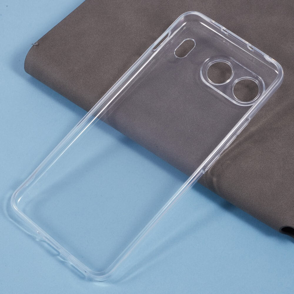 Auf einer blau-grauen Oberfläche liegt ein transparentes Cover-Discount OnePlus Nord 4 Silikon Gummi Case mit Antifingerprint-Schutz.