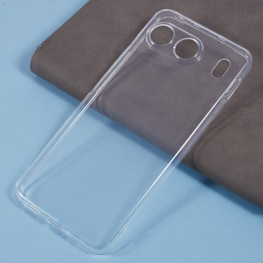 Cover-Discount OnePlus Nord 4 - Silikon Gummi Case transparent mit Antifingerprint-Schutz auf blau-grauem Hintergrund.