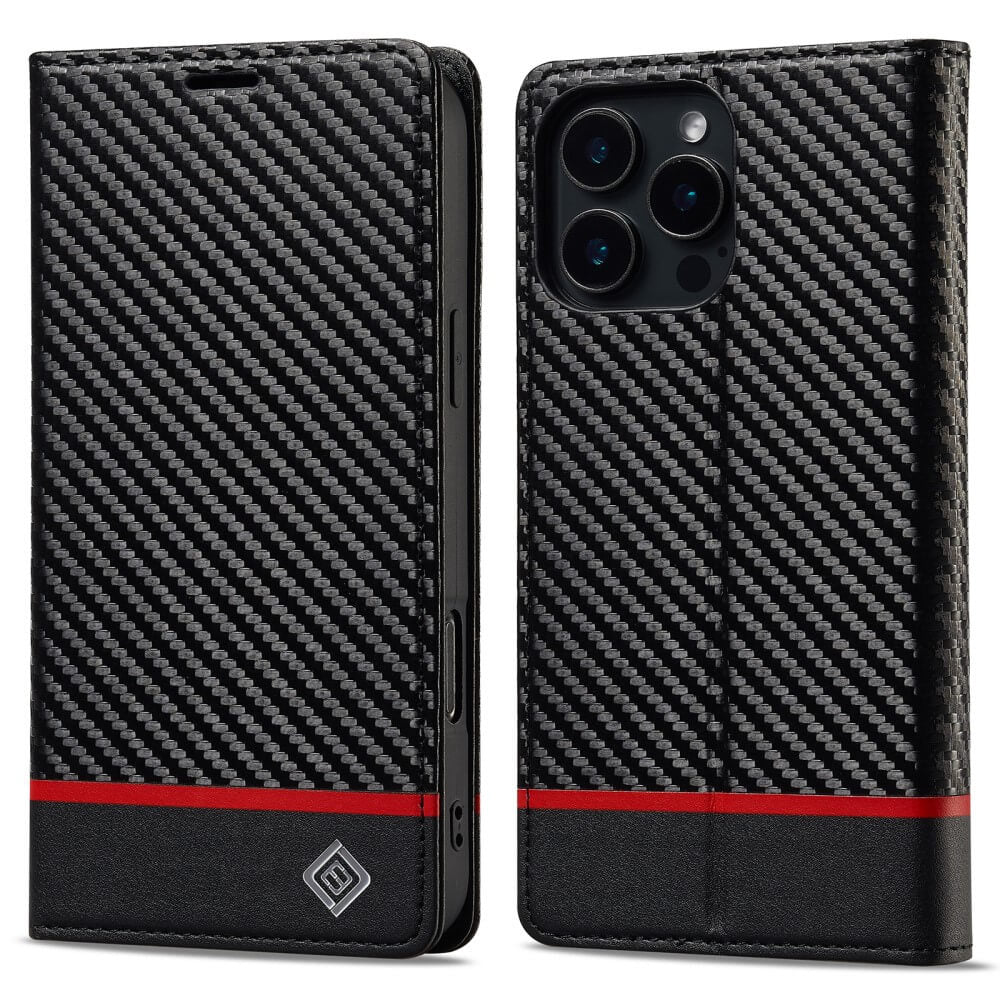 Die LC.IMEEKE Carbon Fiber Hülle für das iPhone 16 Pro in elegantem Schwarz mit rotem Streifen ist offen und geschlossen abgebildet und bietet ultimativen Schutz, während die Kamera und die Seitenansicht sichtbar bleiben.