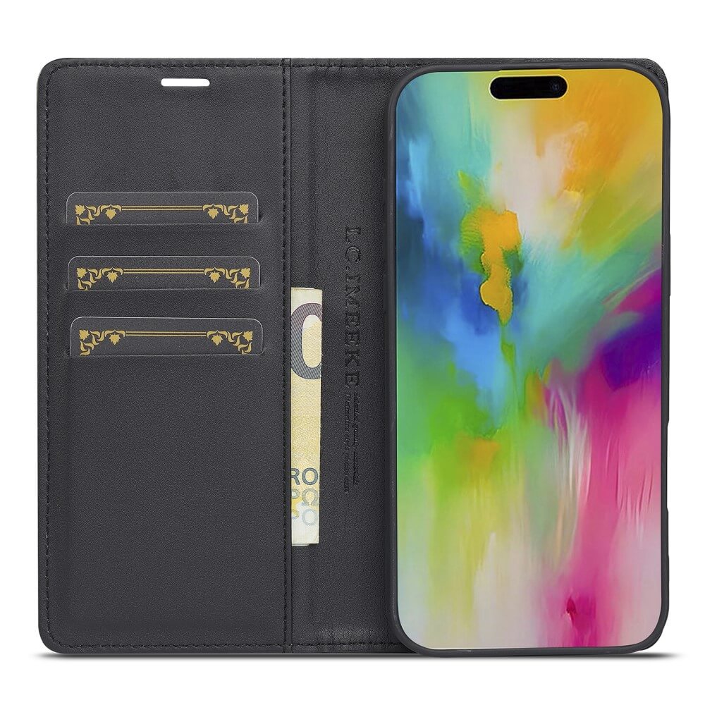 Die LC.IMEEKE Hülle Carbon Fiber für das iPhone 16 Pro ist eine stylische schwarze Brieftaschenhülle, die Karten und Bargeld sicher aufbewahrt, ein farbenfrohes abstraktes Bildschirmdesign aufweist und idealen Schutz bietet.