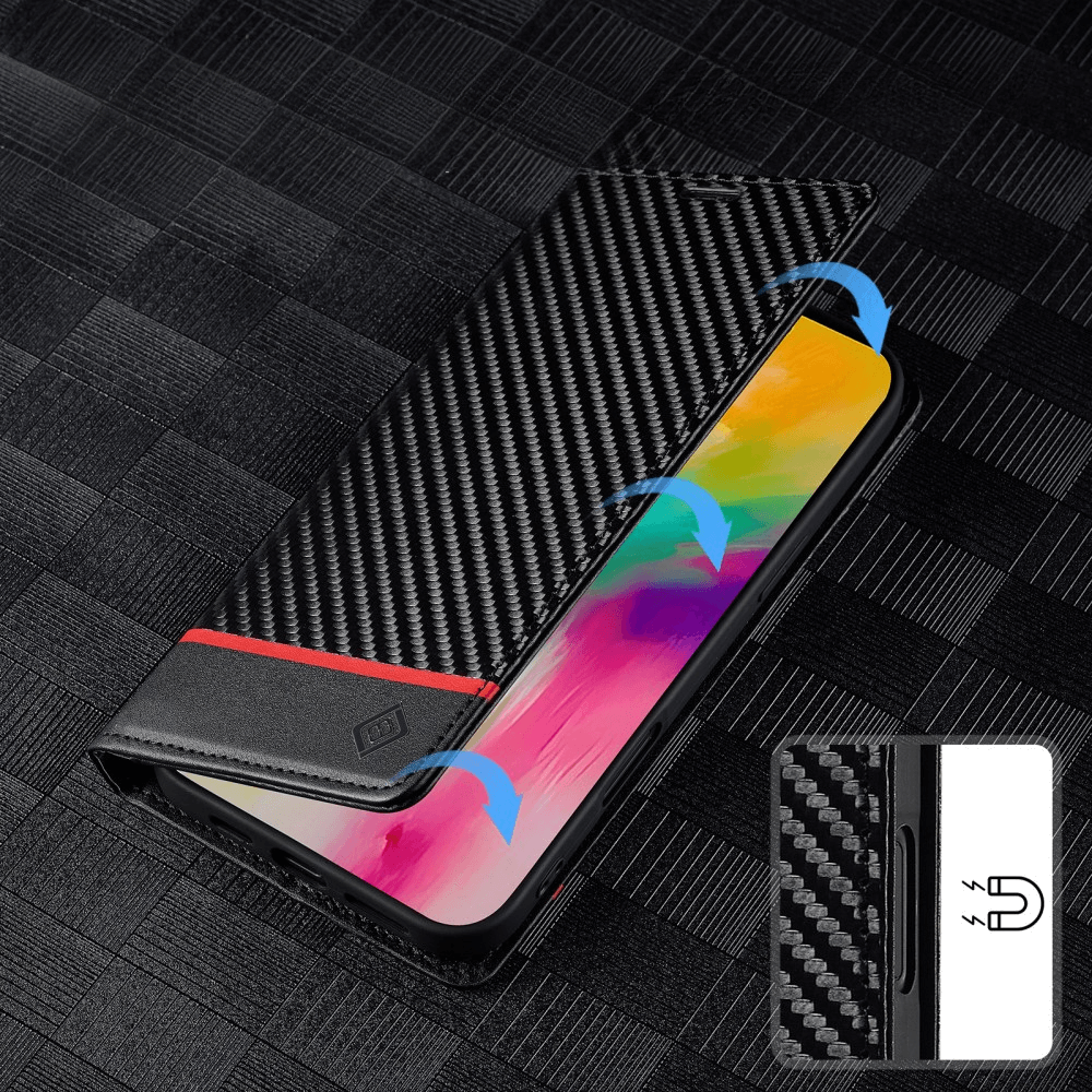 Das iPhone 16 Pro, geschützt durch die LC.IMEEKE Hülle Carbon Fiber, verfügt über ein schwarzes Carbonfasermuster und einen Magnetverschluss, hervorgehoben mit blauen Pfeilen für optimalen Schutz.
