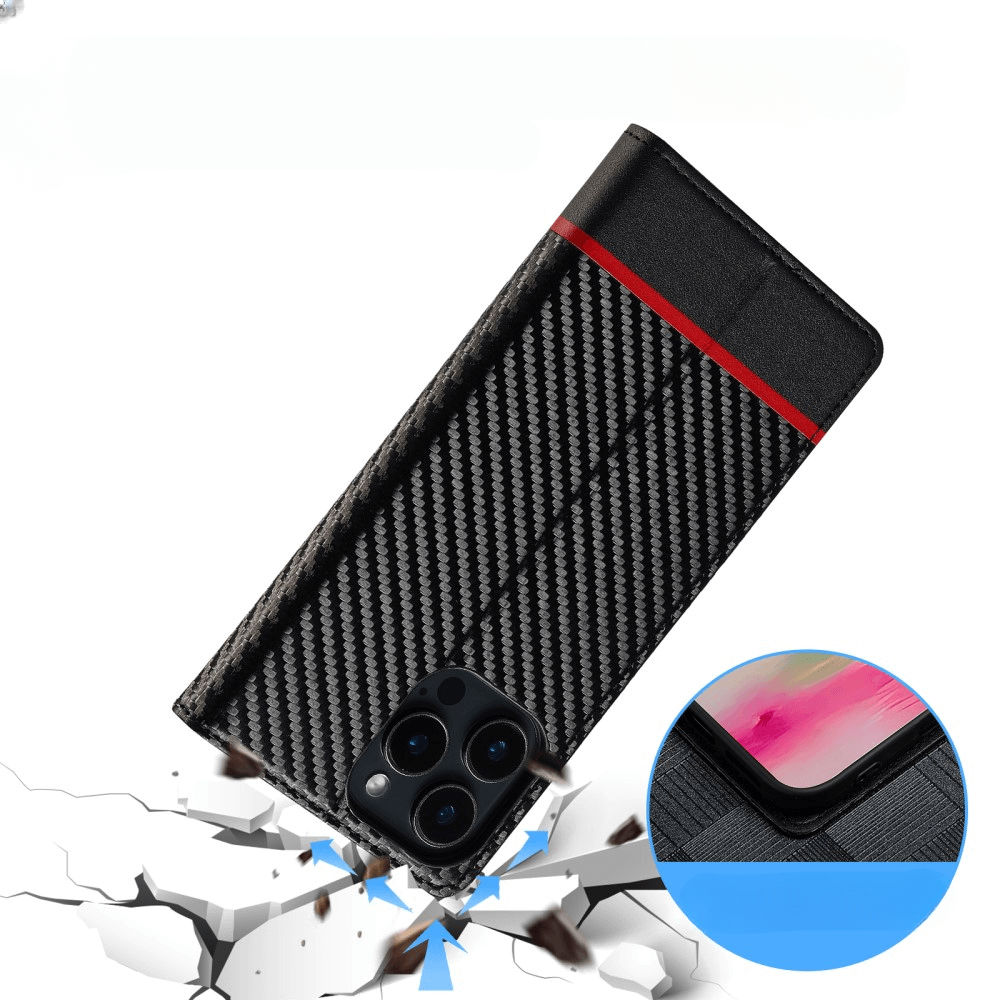 Die LC.IMEEKE Hülle Carbon Fiber für das iPhone 16 Pro verfügt über ein elegantes schwarzes Design mit einem auffälligen roten Streifen und bietet verstärkten Eckenschutz gegen Stöße.