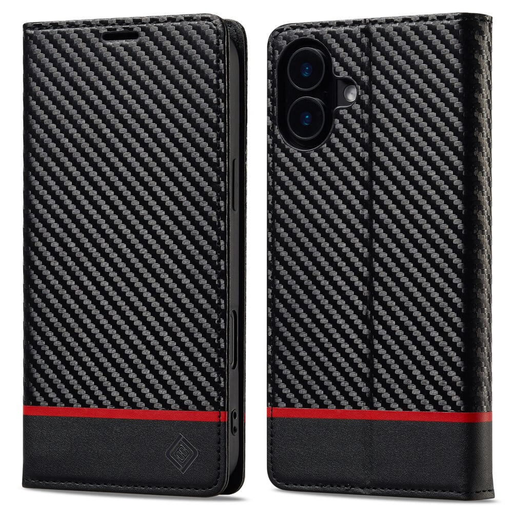 Die LC.IMEEKE Hülle Carbon Fiber für das iPhone 16 verfügt über ein elegantes schwarzes Design mit einem kräftigen roten Streifen, Folio-Cover und Magnetverschluss – Vorder- und Rückseite für perfekten Schutz.