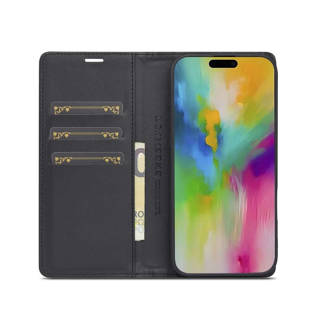 Ein iPhone 16 in einer eleganten schwarzen LC.IMEEKE Hülle aus Carbonfaser mit Kartenfächern, Magnetverschluss und farbenfrohem abstraktem Hintergrundbild auf dem Display.