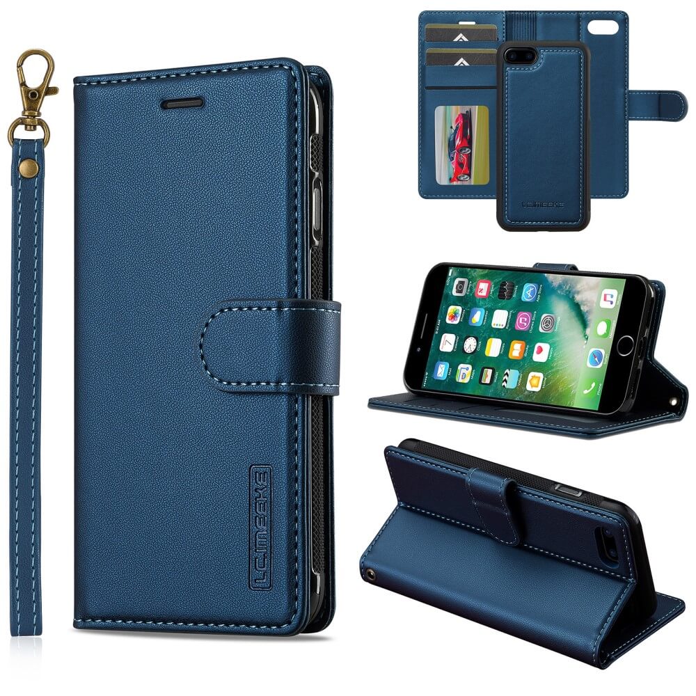 Die LC.IMEEKE 2-in-1-Leder-Brieftaschenhülle für das iPhone SE / 8 / 7 verfügt über Kartenfächer, einen Magnetverschluss und einen abnehmbaren Riemen. Sie ist mit kabellosem Laden kompatibel und lässt sich für eine umfassende Ansicht aus mehreren Winkeln anzeigen.