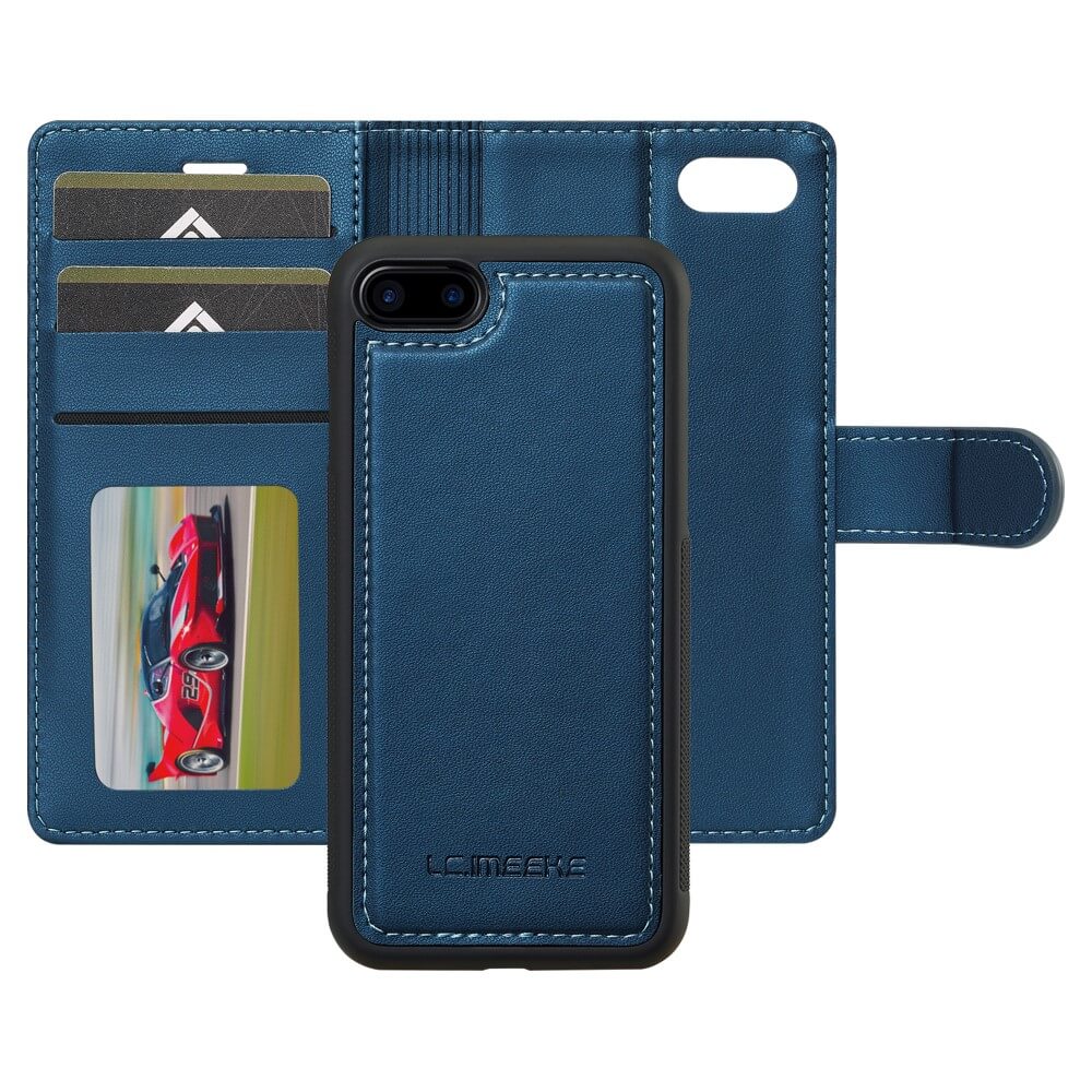 Die LC.IMEEKE 2-in-1-Telefon-Brieftaschenhülle aus Leder für das iPhone SE/8/7 verfügt über Kartenfächer und ein Sportwagenbild, unterstützt kabelloses Laden und ist ideal für eine iPhone SE-Handyhülle.