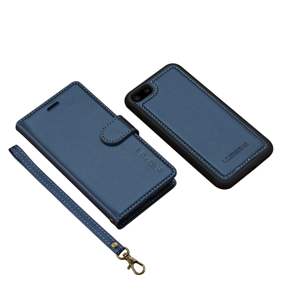 Die LC.IMEEKE Teilbare Brieftasche 2-in-1 Handyhülle für das iPhone SE/8/7, hier Vorder- und Rückseite auf weißem Hintergrund abgebildet, ist eine blaue Lederhülle mit passendem Tragegurt für den vielseitigen Einsatz.